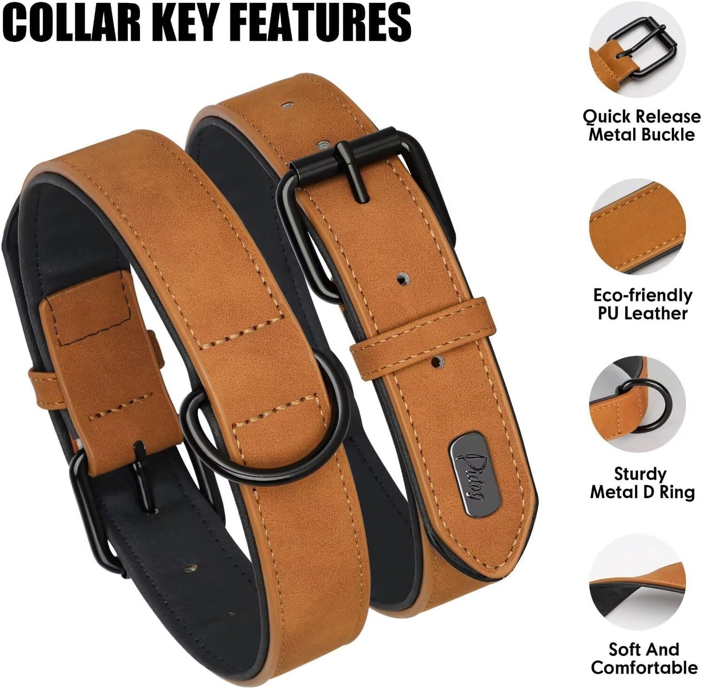 Didog Soft Padded PU Leather Dog Collar, Breathable and Adjustable Dog Collars for Small Dogs, Comfortable for Daily Walk, Light Brown, M Fit Neck 12-15"(13-22 lbs)