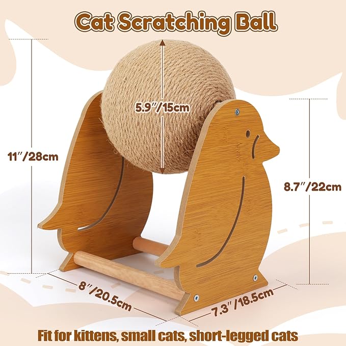 Outamateur Cat Scratching Ball Toy, Sisal Scratching Ball with Cute Stable Stand, Interactive Play and Exercise Toy for Kittens, Cats, Small Pets (Penguin)