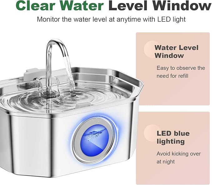 Cat Water Fountain Stainless Steel 108oz/3.2L, APAUK Automatic Pet Fountain Dog Water Dispenser with Water Level Window, Quiet Cat Fountain for Drinking, Inside with Replacement(1 Filter&1 Sponge)