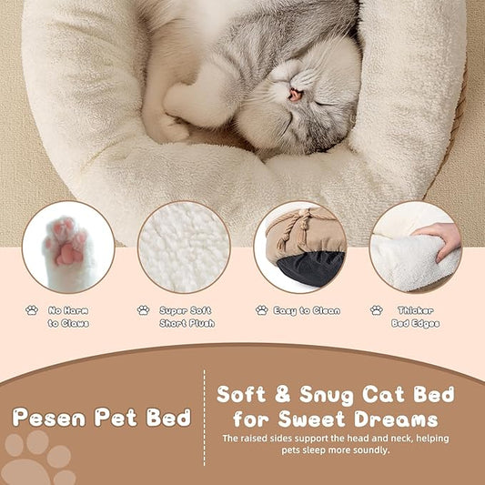 pesen Cat Bed & Small Dog Bed with Supportive Walls, Thick Bottom, Calming Donut Shape, Soft Durable Fabric, 20x20x10 Cat Beds for Indoor Cats