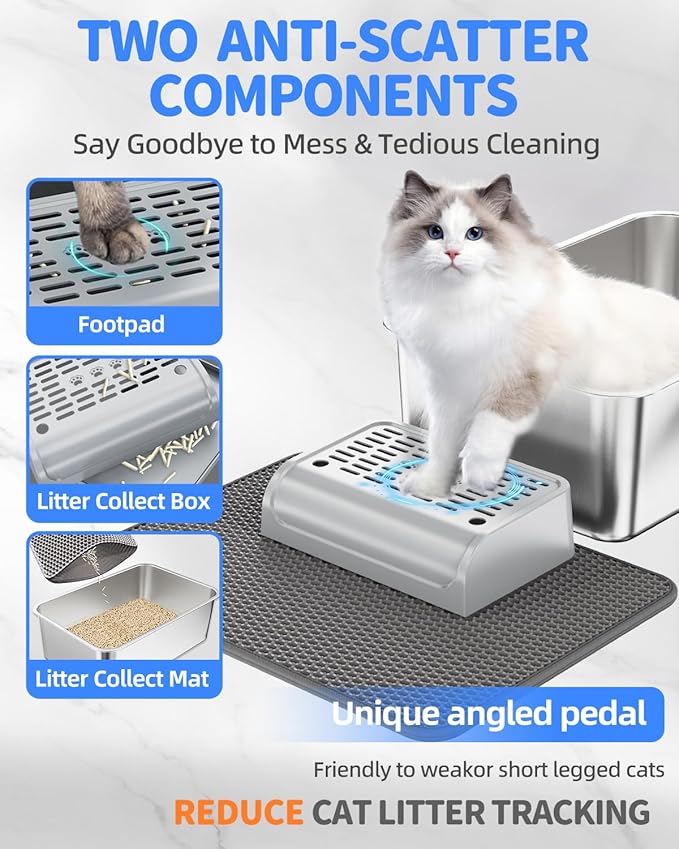 Stainless Steel Litter Box Set- [6-in-1] Large Cat Litter Box with Peadl, Mat, Scoop, Brush, Cat Wands, Non-Sticky Metal Litter Box for Cat, Kitty, Odorless, Easy Clean (23.6"x15.7"x6", 2 Pack)