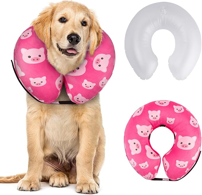 CuteBone Inflatable Dog Cone with Removable Soft Fleece Covers for Small/Medium/Large Dogs and Cats Neck Donut Collar After Surgery GWB01L
