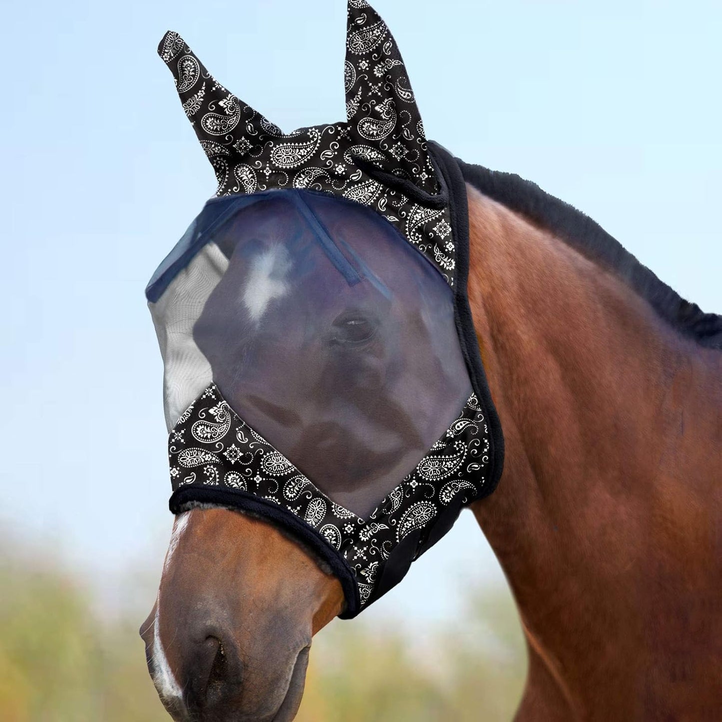 Harrison Howard LumiVista Horse Fly Mask Standard with Ears UV Protection for Horse Paisley Wave L Full Size