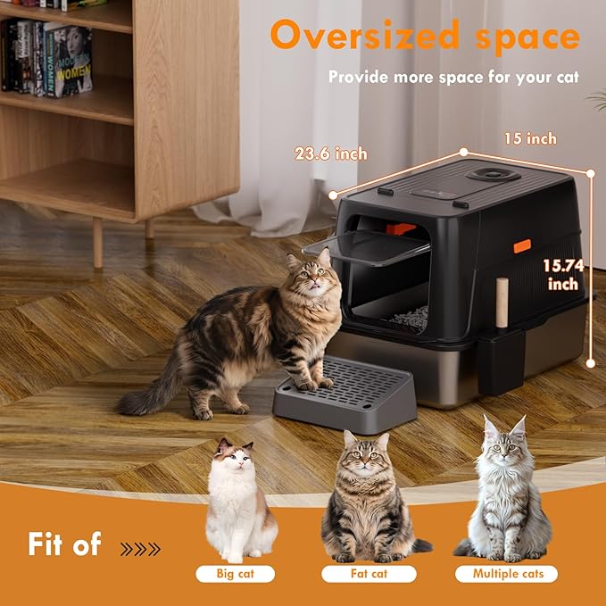 Smart Odor Control Cat Litter Box with Lid, Stainless Steel Cat Litter Box with Infrared Sensor, Large Litter Boxs for Cats, 3 in 1 Design and 135° Flip-Top, Litter Scoop & Foot Pedal