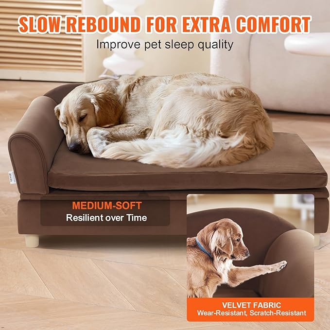 VEVOR Large Dog Couch Sofa Bed for Small Dogs and Cats, Soft Velvety Pet Sofa Bed, 60 lbs Loading Cat Sofa, Dark Brown