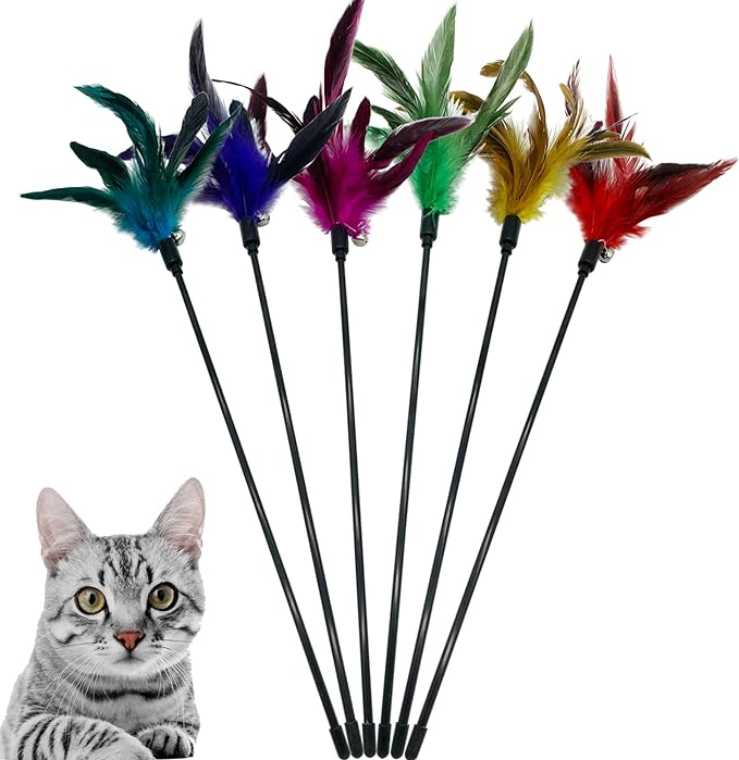 Cat Wand Toy Feather Stick Cat Toys, 6 Pieces Interactive Cat Toy Feathers Wand for Indoor Cats (A)