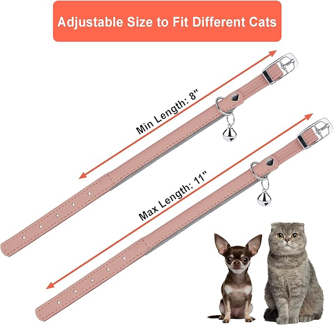 OOPSDOGGY Rolled Leather Cat Collar with Bell, Reflective Kitten Collars with Buckle Include Safety Elastic Strap - Adjustable Small Pet Collars for Boy Girl Cats (Blush)