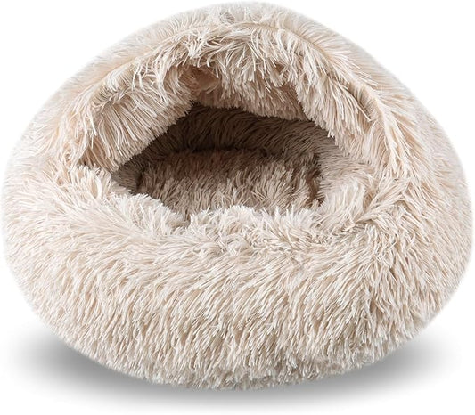 Cat Beds for Indoor Cats,Cat Cave for Puppy and Kitty,Calming Small Dog Bed for Small Dogs with Cover Cave,Cozy Warming Fluffy Washable Anti-Slip Pet Sleeping Bag(24 * 24inch,Beige)