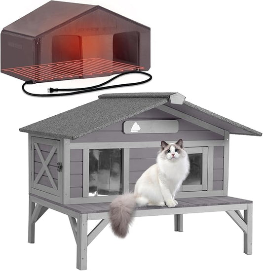 Outdoor Heated Cat House with Insulated Liner, Feral Cat Shelter for Cold Weather Protection, Kitty Home with Waterproof Roof, Raised Leg and Large Porch