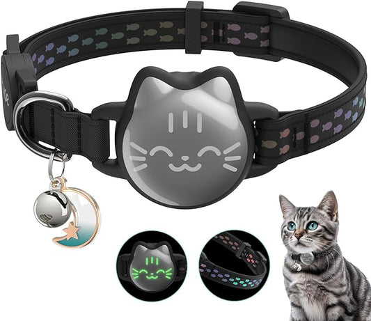 Waterproof Airtag Cat Collar, Breakaway Cat Airtag Collar with Luminous & Reflective Fish Pattern, Lightweight Kitten Collars for Apple Air tag, Hidden GPS Tracker Holder for Cats, Kittens(9-13")