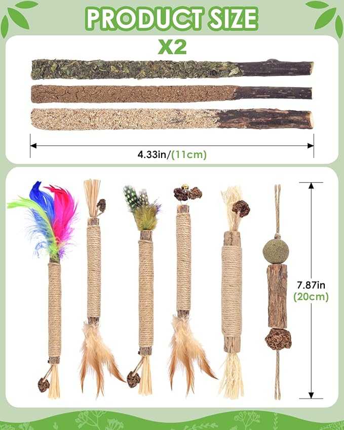 TINDTOP Cat Chew Toys, 12 Pack Silvervine Chew Sticks with 2 Pack Cage Balls for Kittens Teeth Cleaning, Matatabi Dental Care, Increase Appetite, Aggressive Chewers Cat Dental Toy