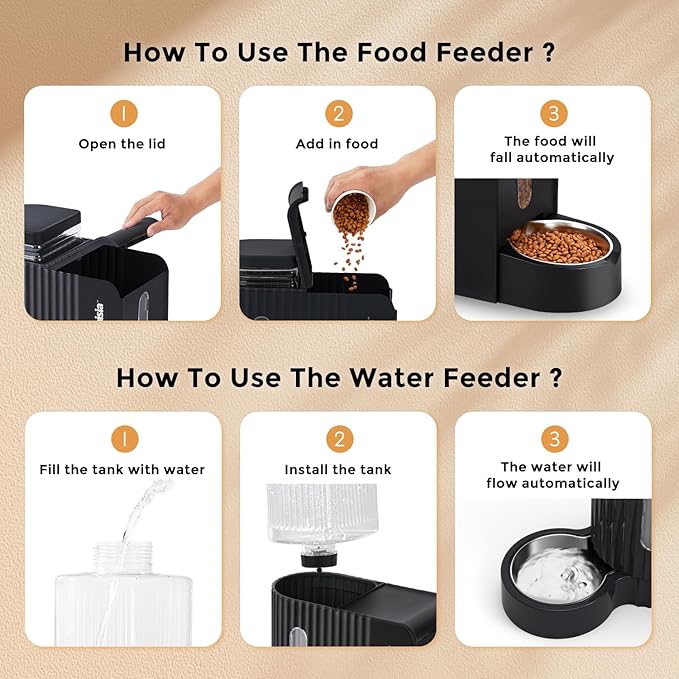 Gravity Cat Feeder and Water Dispenser with 304 Stainless Steel Bowls, 2 in 1 Automatic Cat Feeder with 180 Degree Rotatable Water Bowl, Large Capacity for Puppy Kitten Rabbits, Grey