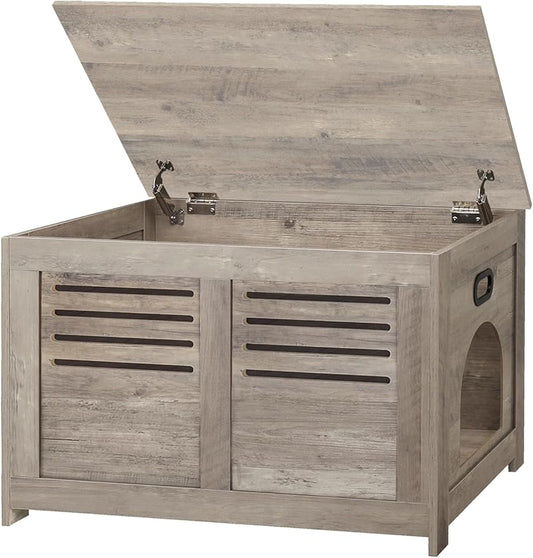 DINZI LVJ Litter Box Enclosure, Flip Top Litter Box Furniture, Good Ventilation, Hidden Cat Washroom, 27.6" L x 19.7" W x 19.7" H, Entrance Can Be on Left/Right, Wooden Cat House, Greige
