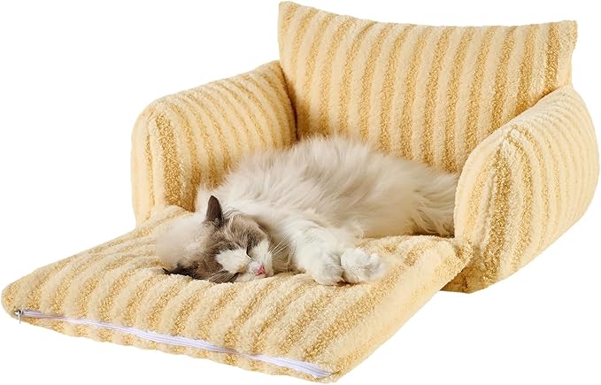 Hollypet Cat Bed Fluffy Plush Mutifuctional Double-Layer Soft Pet Couch Orthopedic Sofa Nest Beds for Small Cats and Dogs, Yellow (25x20x13 inch)