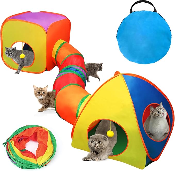 Rypet Cat Tunnels for Indoor Cats with Cube Tent Toys Combo Pop Up Collapsible Crinkle Interactive Peek Hole Cat Tube with Play Ball and Bell for Kitten, Puppy, Kitty, Rabbit
