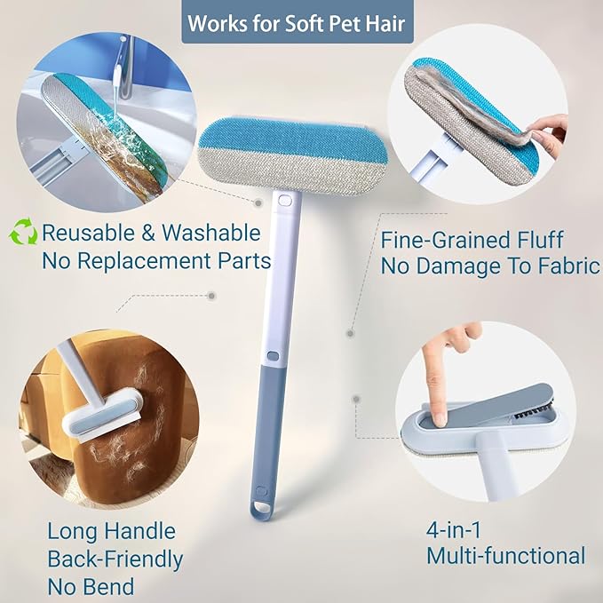 Pet Hair Remover for Furniture, Reusable Multifunctional Cat and Dog Hair Removal Tool, 17-Inch, Extra Long Handle, Gentle on Couch, Carpet, Clothes, Bedding, Tile, Car Seats
