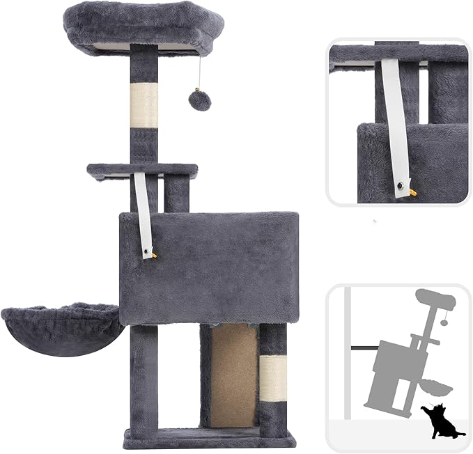 Cat Tree, 41.3" Cat Tower for Indoor Kittens with Scratching Board and Posts, Multi-Level Cozy Cat Condo with 2 Perches, Hammock, Balls, Smoky Gray GCT005SG