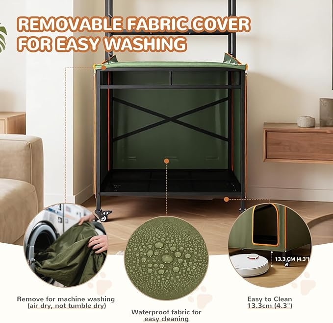 Lekereise Large Hidden Litter Box Furniture, Cat Litter Box Enclosure with Removable Waterproof Cover, Kitty Litter Box Furniture with 3-Tier Adjustable Shelves Storage and Wheels (70.87”H, Green)