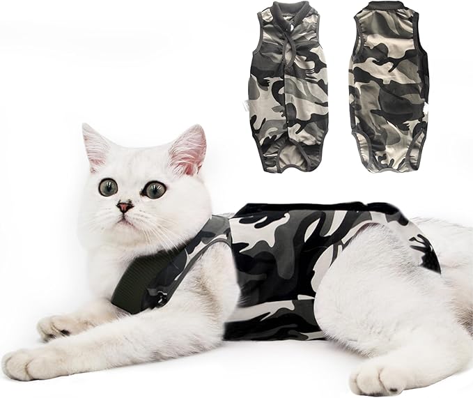 DOTON Cat Recovery Suit for Male and Female Surgical Post Surgery Soft Cone Onesie Shirt Clothes Neuter Licking Protective Diapers Outfit Cover Kitten Spay Collar(L, Camouflage)
