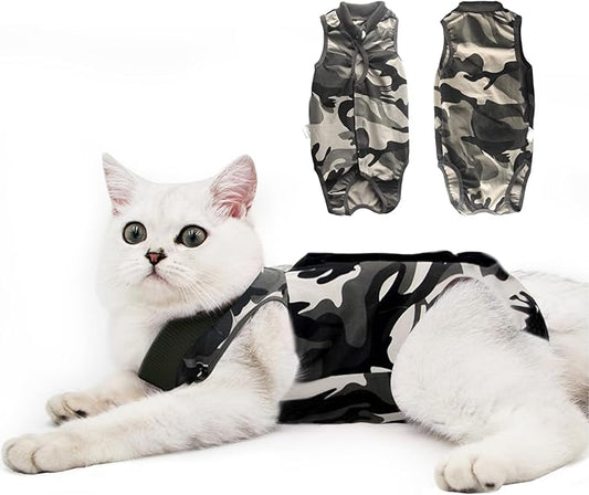DOTON Cat Recovery Suit for Male and Female Surgical Post Surgery Soft Cone Onesie Shirt Clothes Neuter Licking Protective Diapers Outfit Cover Kitten Spay Collar(L, Camouflage)