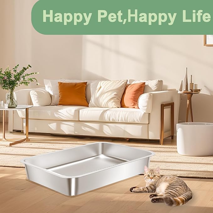 Stainless Steel Cat Litter Box for Kitten, Metal Litter Pan Tray for Rabbits Hamsters, Easy to Clean Pet Bathroom Accessories-15.75''Lx 11.81'' W x4'' H