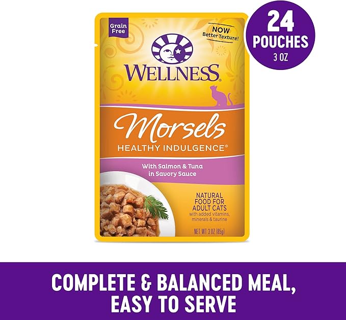 Wellness Healthly Indulgence Morsels Adult Wet Cat Food, Natural, Protein-Rich, Grain Free, 3 Ounce Pouch, 24 Pack, (Salmon & Tuna)