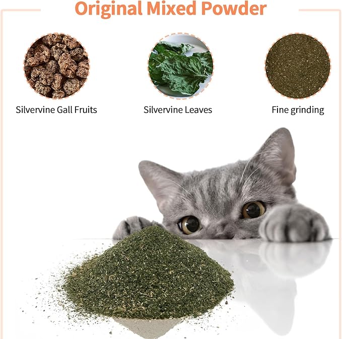 Cat Toys - Blend Silvervine Powder 25g, Catnip Alternative, 100% Natural Silver Vine Gall Fruit Powder & Silvervine Leaves, Suitable for All Cat Ages
