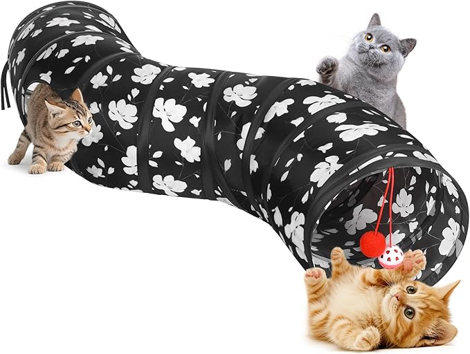 Pawaboo Cat Tunnel, S-Shaped Cat Tube Tunnel 25 * 97cm(9.8''*38.2'') with Balls and Bells, Collapsible Portable Kitten Play Tent Toy Interactive Cats House with Peep Holes for Kitty, Magnolia