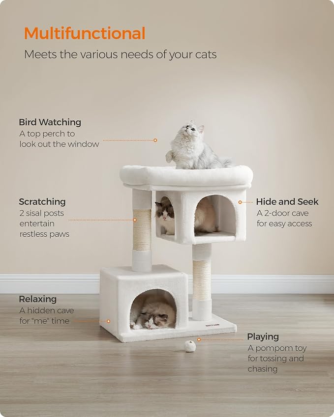 Feandrea Cat Tree, 33.1-Inch Cat Tower, L, Cat Condo for Large Cats up to 16 lb, Large Cat Perch, 2 Cat Caves, Scratching Post, Cream White UPCT061T01