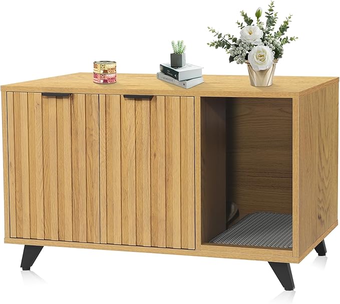 Cat Litter Box Enclosure, Modern Cat Litter Box Furniture Hidden, with Scratching Pad, 4 Metal Legs, Cat House, Natural Oak