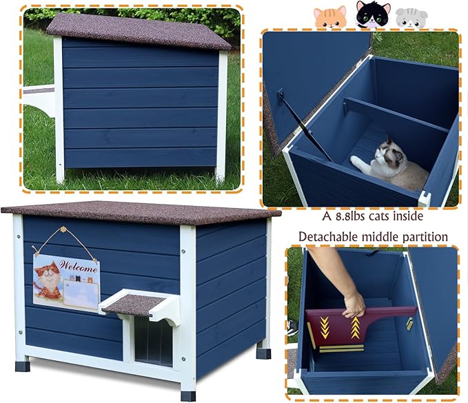 Rockever Outdoor Cat House, 100% Insulated Cat House for Outdoor Cats Weatherproof Feral cat House for All-Round Foam Layers Filling (Blue, L)