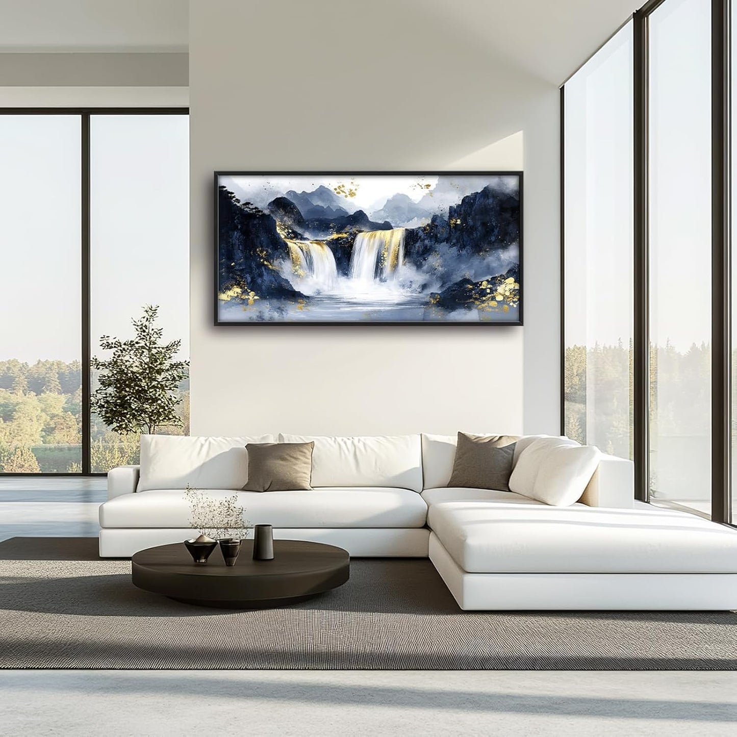 Extra Large Abstract Golden Waterfall Framed Wall Art for Living Room,Oversized Foggy Mountain Pictures Wall Decor,Canvas Print Painting Modern Artwork Bedroom Office Bathroom 60L" x 30W"