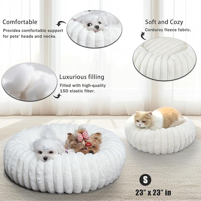 Donut Small Dog Bed Washable - Dog Beds for Small Dogs and Cats with Corduroy Fleece & Anti Slip Bottom, Calming Round Faux Fur Cute Pet Bed for Puppy Kitten, Cream, 23x23x6 inches