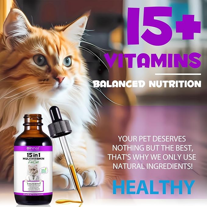 Cat Vitamins, 15 in 1 Cat Multivitamin Liquid Drops, Cats Vitamins and Supplements with Glucosamine and Probiotics, Vitamin for Cats Skin Coat, Immunity, Gut Digestion, Joint, Heart, 60ML