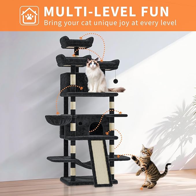 68.5 Inch Multi-Level Cat Tree, Plush Cat Tower with Condo/Sisal Scratching Posts/Hammocks/Basket/Dangling Ball/Platform, Heavy Duty Cats Tree to Play and Sleep,2601#Dark Grey