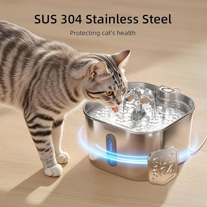 Cat Water Fountain Stainless Steel：74oz/2.2L Water Fountains for Cats Indoor, Cat Fountains for Drinking, Ultra-Quiet, Water Level Window, Pet Water Fountain - 6 Filters + 3 Sponges