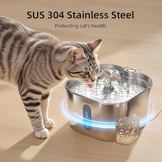 Cat Water Fountain Stainless Steel：74oz/2.2L Water Fountains for Cats Indoor, Cat Fountains for Drinking, Ultra-Quiet, Water Level Window, Pet Water Fountain - 6 Filters + 3 Sponges