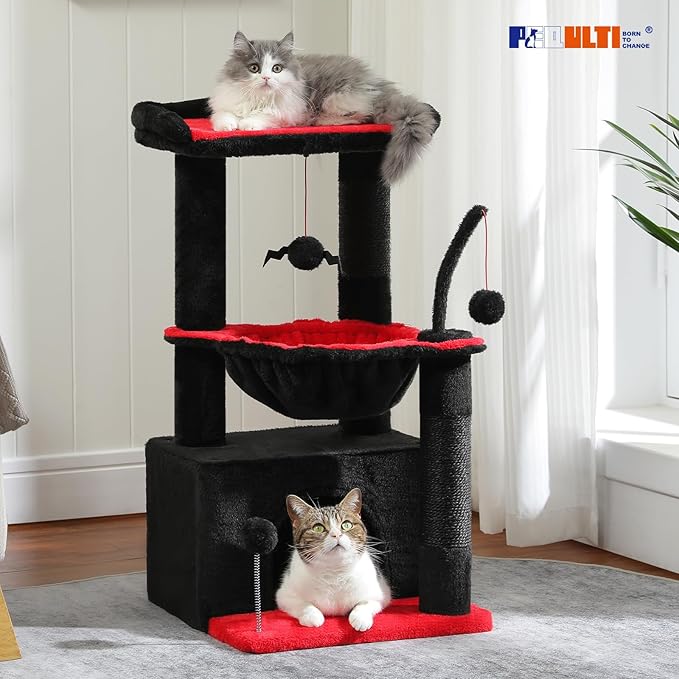 PEQULTI 4-in-1 Gothic Cat Tree, 33'' Cat Tower for Indoor Cats with Large Condo, Cat Scratching Post for Cats with Deep Hammock& Cozy Top Perch,Black