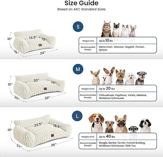 Cute Cat Couch Bed – Supportive & Fluffy Pet Sofa with Faux Rabbit Fur Washable Cover in 3D Diamond Pattern, 24" Off White