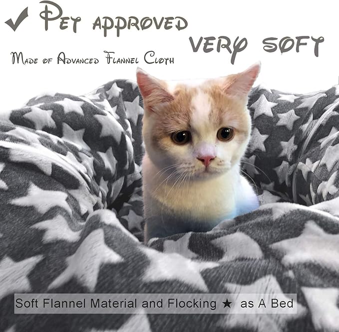 LUCKITTY Large Cat Tunnel Bed with Plush Cover,Fluffy Toy Balls, Small Cushion and Flexible Design- 10 inch Diameter, 3 ft Length- Great for Cats, and Small Dogs, Gray Star Pattern