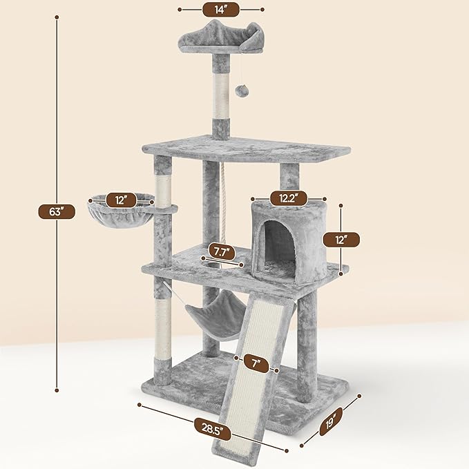 Yaheetech 63.5in Multi-Level Cat Tree Tower Condo with Scratching Posts, Platform & Hammock, Cat Activity Center Play Furniture for Kittens, Cats, and Pets