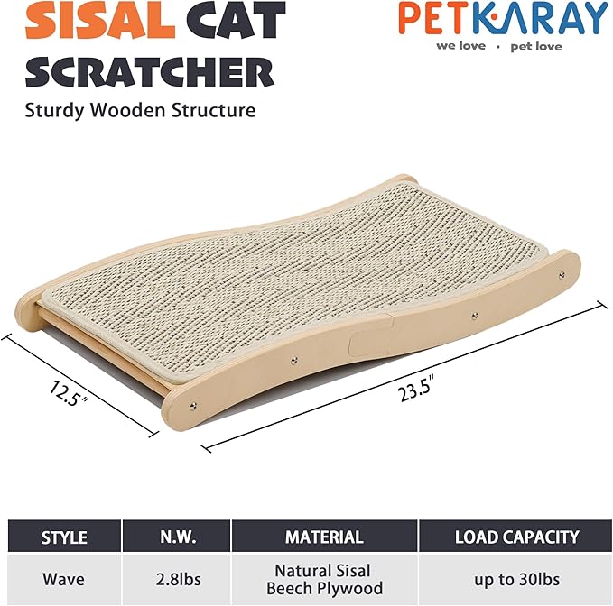 PETKARAY Sisal Cat Scratching Board, Curved Sisal Cat Scratcher, Large Indoor Kitty Scratch Pad, Heavy Duty Wave Lounge Bed for Kitten