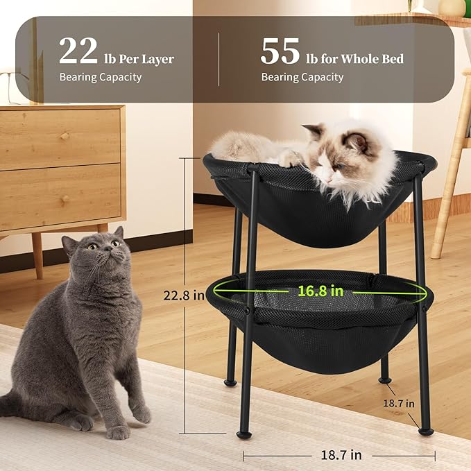 Double Cat Bed Black, Breathable Pet Bed for 2 Cats with 4 Adjustable Feet & Anti-Slip Mats, Easy Assembly Cat Hammock for Multi-cat Household, Indoors & Outdoors, 22.8 in x18.7 in x 18.7 in