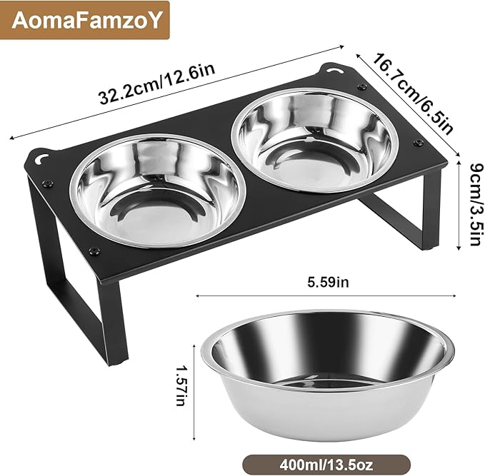 2 Set Elevated Cat Food Water Bowls, 4 Stainless Steel Bowls for Indoor Pet with Cute Metal Stand, 10° Tilted Anti-Vomiting Wide Shallow Raised Cat Dishes Whisker Friendly for Multiple Kitten,Puppy