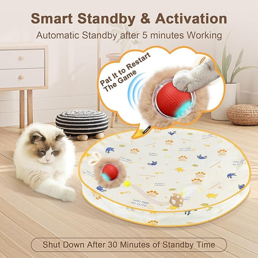 Interactive Cat Toys, Smart Rolling Ball in Play Mat, Automatic Speedy Moving Ball for Indoor Exercise, Motion Activated Pet Balls for Hide and Seek Mouse Catching Game (Red)