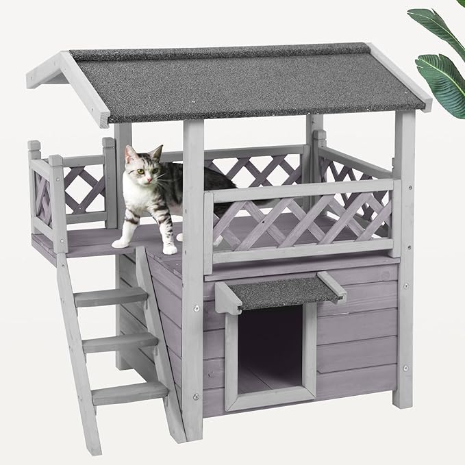 Cat House Outdoor Indoor Feral Cat Shelter Wooden Kitty House with Stairs, Balcony＆Weatherproof Roof