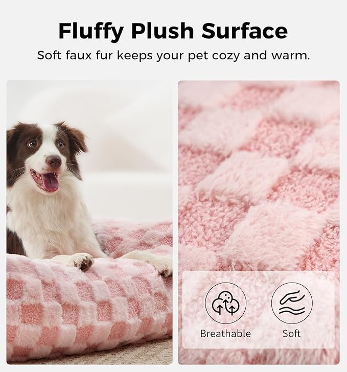 Made4Pets Dog Couch Bed, Soft Faux Fur Checkered Pet Sofa, Comfortable Fluffy Dog Sofa with Supportive Foam, Removable Washable Cover with Non-Slip Base, Pink, Large