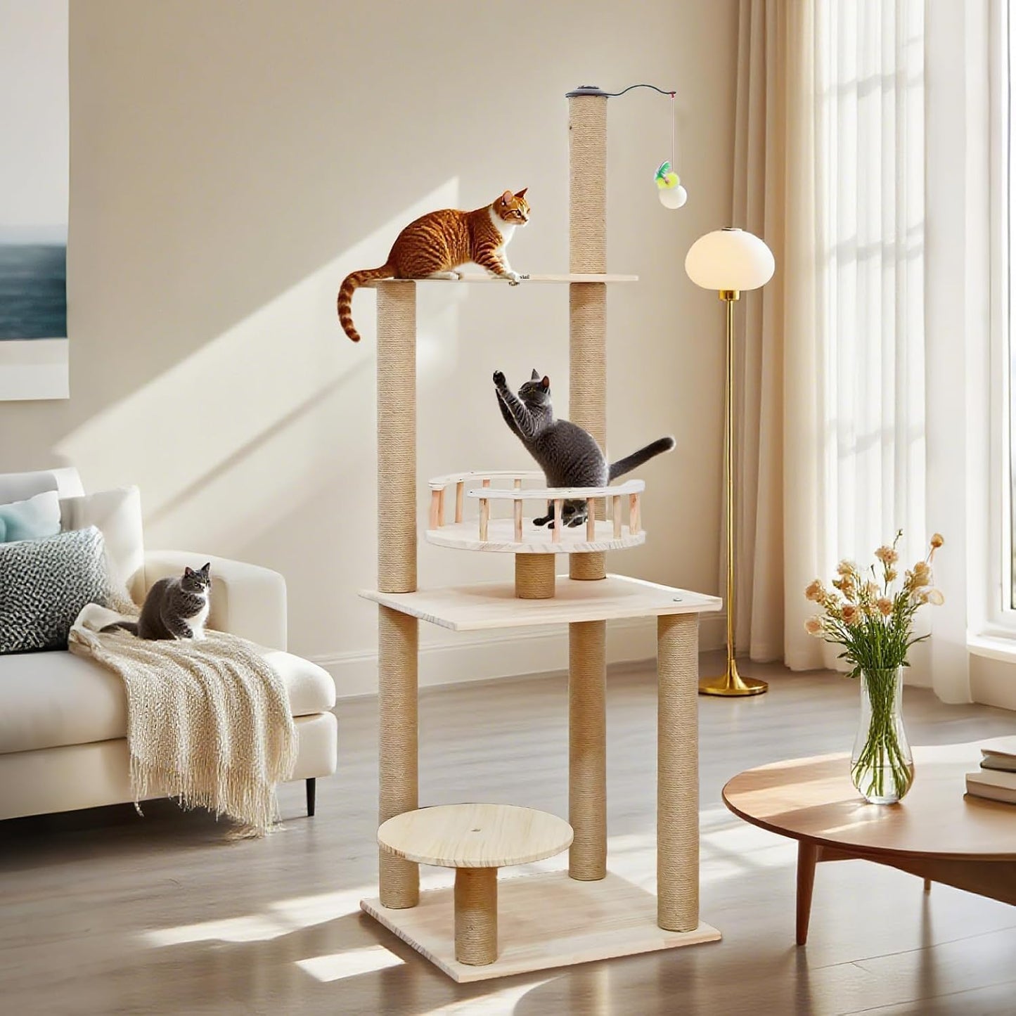 Wood Cat Tree 17” x 16”x 53” Modern Sturdy Cat Tower with Double Condos Hand-Woven Beds & Toys Multilevel Huge Paws Pals Tree Indoor Cat Furniture for Big Cats