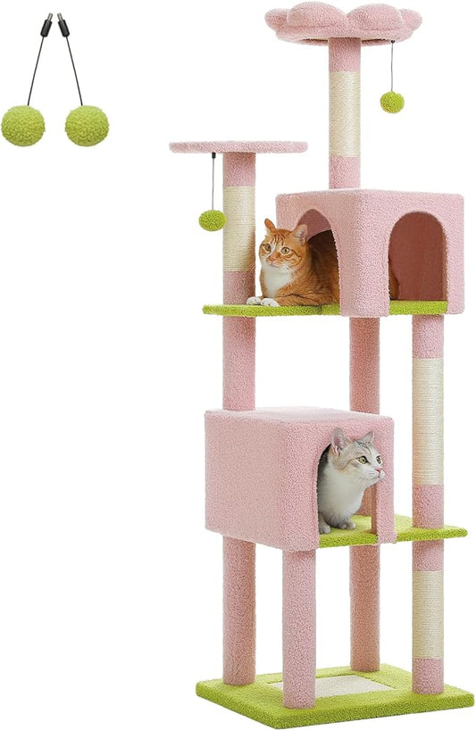 PAWZ Road Pink Flower Cat Tree Tower 62 Inches Cat Tree with 2 Condos,2 Flower Perches,4 Scratching Posts & 1 Scratching Board, and 2 Hanging Balls for Indoor Cats
