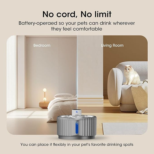 Wireless Cat Water Fountain, 95 oz/2.8 L Battery Operated Pet Water Fountain for Cats Inside, Automatic Dog Water Fountain with Stainless Steel Tray, Motion Sensor, Quiet Pump (Grey)